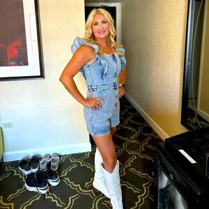 Light Denim Romper with front zip, Size M